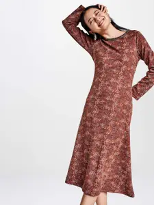 Global Desi Women Rust Red & Grey Printed A-Line Dress with Embellished Neck
