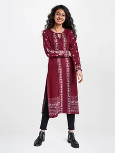 Global Desi Women Maroon Woven Design Straight Sweater Kurta