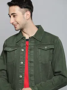 Harvard Men Olive Green Solid Denim Jacket