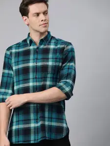 THE BEAR HOUSE Men Teal Blue & Black Slim Fit Checked Flannel Casual Shirt