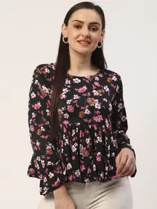 ZIZO By Namrata Bajaj Women Black & Pink Floral Print Tiered Top