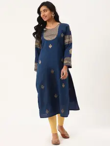 Blissta Women Navy Blue & Golden Jacquard Weave Woven Design Straight Kurta
