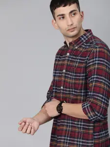 THE BEAR HOUSE Men Maroon & Navy Blue Slim Fit Checked Flannel Casual Shirt