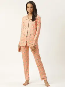 MBeautiful Women Peach-Coloured & Off-White Printed Night Suit