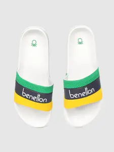 United Colors of Benetton Men Yellow & Navy Blue Striped Sliders with Brand Logo Print