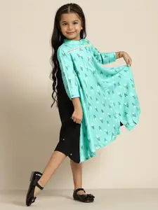 Sangria Girls Girls Sea Green & Black Printed A-Line Shirt Dress with Embroidered Detail
