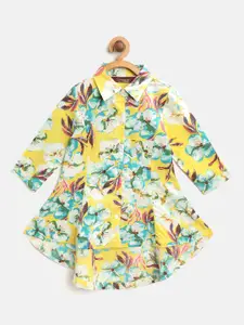 Sangria Girls Yellow & White Floral Print Longline High-Low Pure Cotton Shirt Style Top