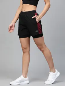 CHKOKKO Women Black Side Panelled Regular Fit Double Layered Running Shorts