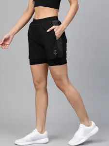 CHKOKKO Women Black Side Panelled Regular Fit Double Layered Running Shorts