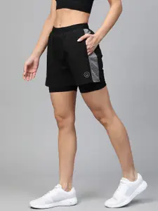 CHKOKKO Women Black Side Panelled Regular Fit Double Layered Running Shorts