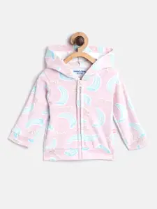 Moms Love Infant Girls Pink & Blue Banana Print Cotton Hooded Velvet Finish Sweatshirt