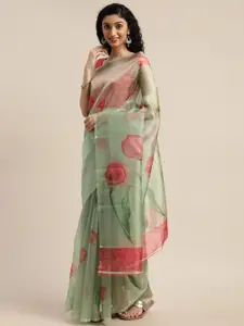 Rajnandini Olive Green & Pink Organza Floral Printed Semi Sheer Saree