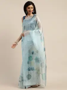 Rajnandini Blue Floral Printed Semi Sheer Organza Saree