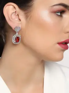 Estele Red & Silver-Toned Geometric Antique Drop Earrings