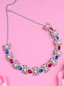 Estele Silver & Red Studded Statement Necklace