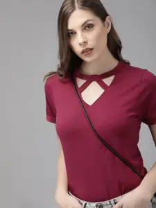 Roadster Women Burgundy Solid Cut Out Detail Top