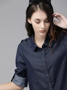 Roadster Women Blue Regular Fit Solid Casual Shirt with Lace Up at Shoulder