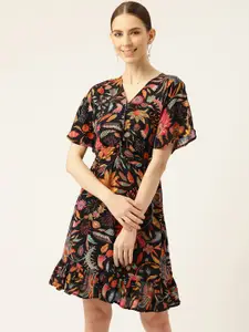 Off Label Women Black & Mustard Yellow Floral Printed A-Line Dress
