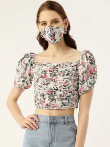 DIVA WALK EXCLUSIVE White Floral Fitted Smocked Crop Top with Matching Mask