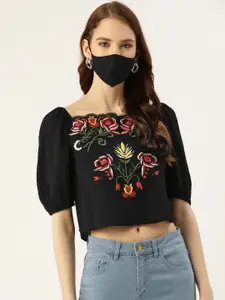 DIVA WALK EXCLUSIVE Women Black Embroidered Crop Top with Matching Mask
