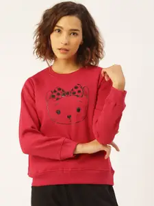 Sweet Dreams Women Red & Black Kitty Print Sweatshirt