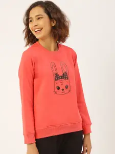 Sweet Dreams Women Coral Pink & Black Kitty Embossed Print Sweatshirt