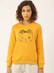Sweet Dreams Women Mustard Yellow & Black Kitty Print Sweatshirt
