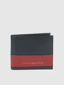 Tommy Hilfiger Men Navy Blue & Red Colourblocked Leather Two Fold Wallet