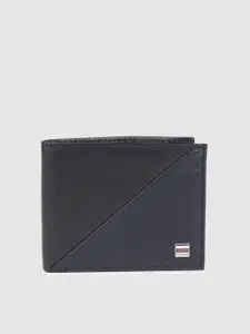 Tommy Hilfiger Men Navy Blue & Black Colourblocked Leather Two Fold Wallet