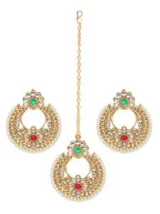 Zaveri Pearls White Gold-Plated Kundan Chandbali Design Earring & Maang Tika Set