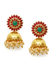 Zaveri Pearls Gold-Toned & Pink Kundan Studded Dome Shaped Jhumkas