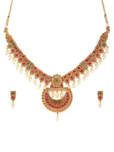 Zaveri Pearls Gold-Plated & Pink Stone Studded Traditional Necklace & Earring Set