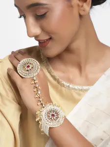 Zaveri Pearls Gold-Toned & White Kundan & Pearls Studded Ring Bracelet