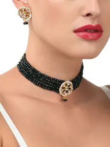 Zaveri Pearls Green Gold-Plated Kundan Choker Necklace & Earring Set