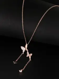 Yellow Chimes Rose Gold-Plated & White CZ-Studded Butterfly Drop Charm Pendant with Chain