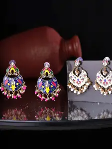 Yellow Chimes Set Of 2 Gold-Plated & White Meenakari Oxidised Chandbali Earrings