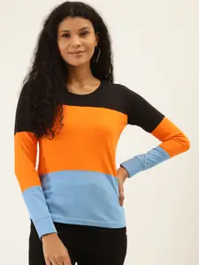 The Dry State Women Orange & Blue Colourblocked Round Neck T-shirt