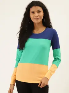 The Dry State Women Green & Peach-Coloured Colourblocked Round Neck T-shirt