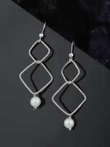 Carlton London Silver-Toned & White Rhodium-Plated Beaded Diamond Shaped Drop Earrings