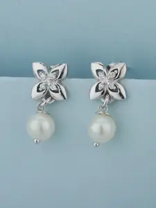 Carlton London Silver-Toned & White Rhodium-Plated Beaded Floral Shaped Drop Earrings