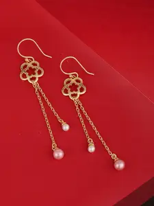 Carlton London White & Pink Gold-Plated Beaded Tasselled Floral Drop Earrings