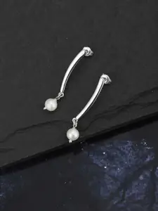 Carlton London Silver-Toned & White Rhodium-Plated Beaded Contemporary Drop Earrings