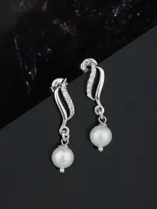 Carlton London Silver-Toned & White Rhodium-Plated Stone-Studded Beaded Drop Earrings