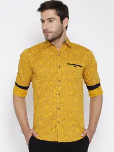 Status Quo Mustard Yellow Printed Slim Casual Shirt