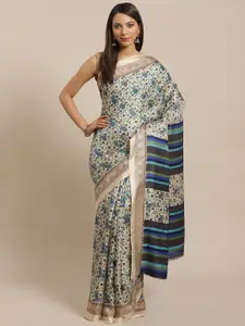 Saree mall Beige & Blue Silk Blend Printed Saree