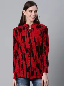 Cayman Women Red & Black Abstract Self Design Longline Cardigan Sweater