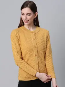 Cayman Women Mustard Yellow Geometric Self Design Cardigan Sweater