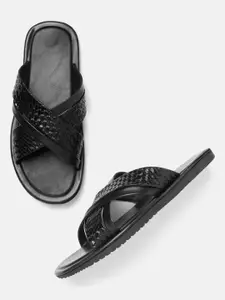 Roadster Men Black Basket Weave Textured Comfort Sandals