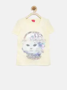 Tiny Girl Yellow Cat Print Crochet Mesh Top