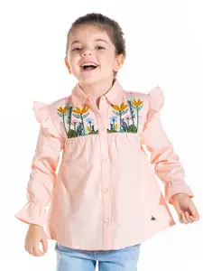 Cherry Crumble Girls Peach-Coloured Embroidered Shirt Style Top